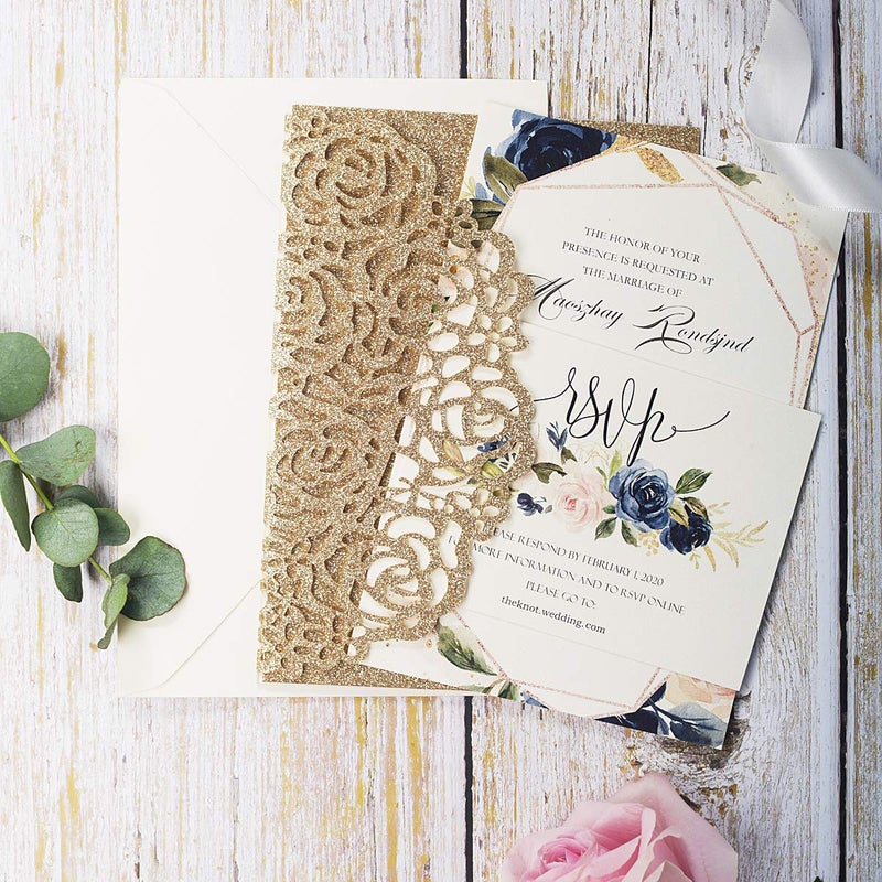 KUCHYNEE 5.1 x7.1 inch 20PCS Blank Gold Glitter Laser Cut wedding invitations with Envelopes and RSVP Hollow Rose Pocket With Ribbon Invitation Cards for Wedding Invite - Image 3